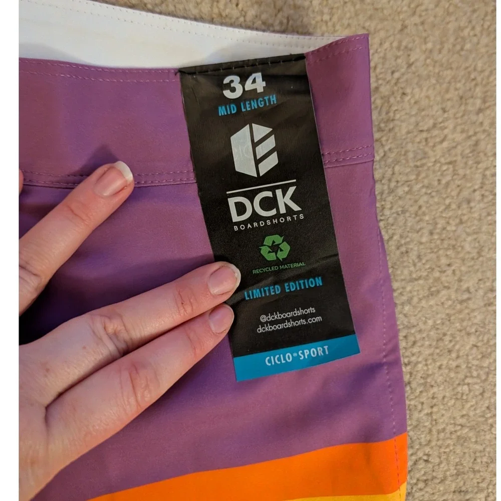 DCK Boardshorts NWT Elvis Purple Retro Stripe Mid Length Swim Trunks- Men's 34‎